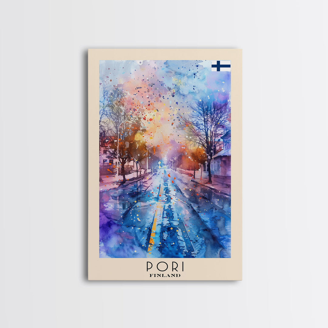 Pori Finland Travel Poster Framed Canvas Print, Watercolor Painting, Scenic Wall Art, Home Decor, Finnish Seaside, Minimalist Art