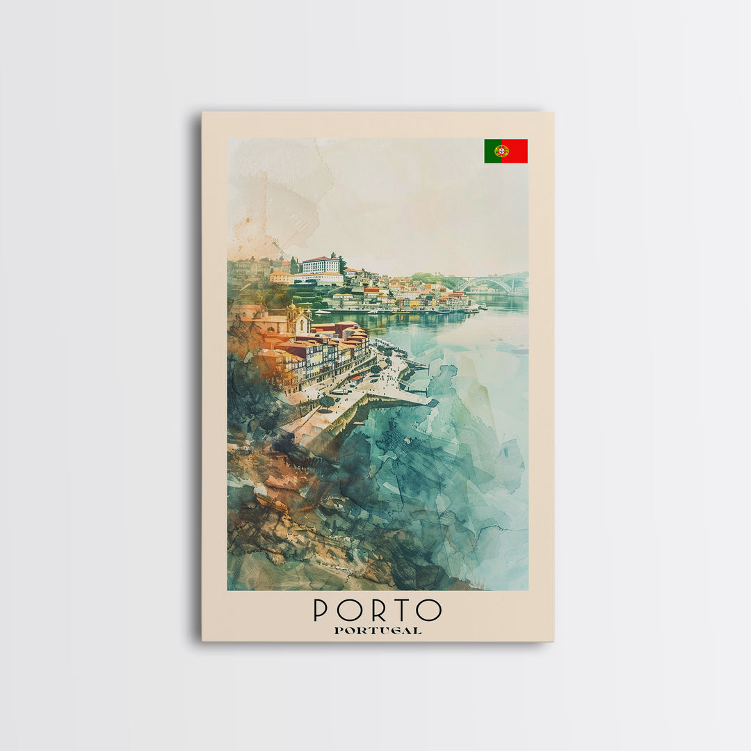 Porto Portugal Travel Poster Framed Canvas Print, Watercolor Painting, Coastal Wall Art, Home Decor, Portuguese Seaside, Vibrant Art