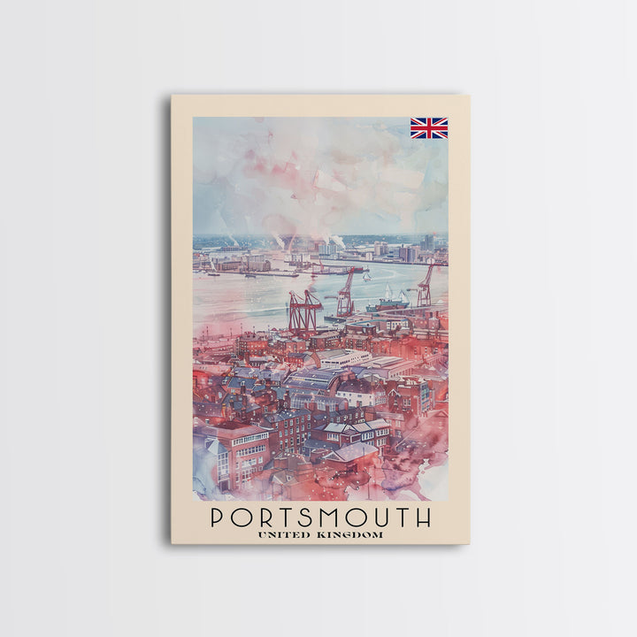 Portsmouth United Kingdom Travel Poster Framed Canvas Print, Watercolor Painting, Coastal Wall Art, Home Decor, British Seaside, Modern Art