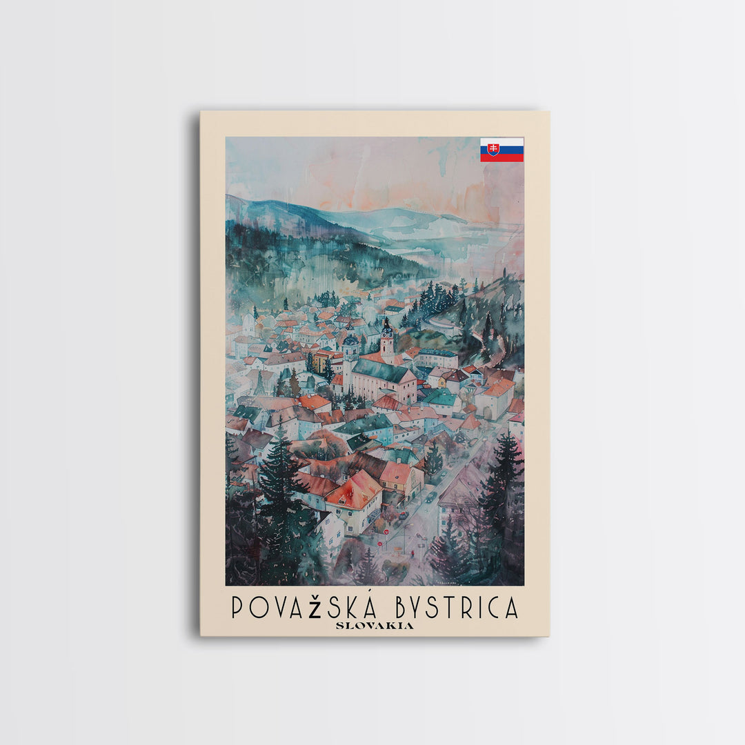 Povazska Bystrica Slovakia Travel Poster Framed Canvas Print, Watercolor Painting, Scenic Wall Art, Home Decor, Slovakian Landscape, Modern Decor