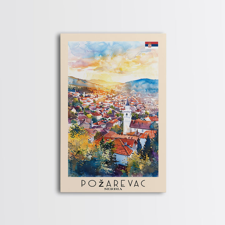 Pozega Serbia Travel Poster Framed Canvas Print, Watercolor Painting, Scenic Wall Art, Home Decor, Serbian Landscape, Classic Art
