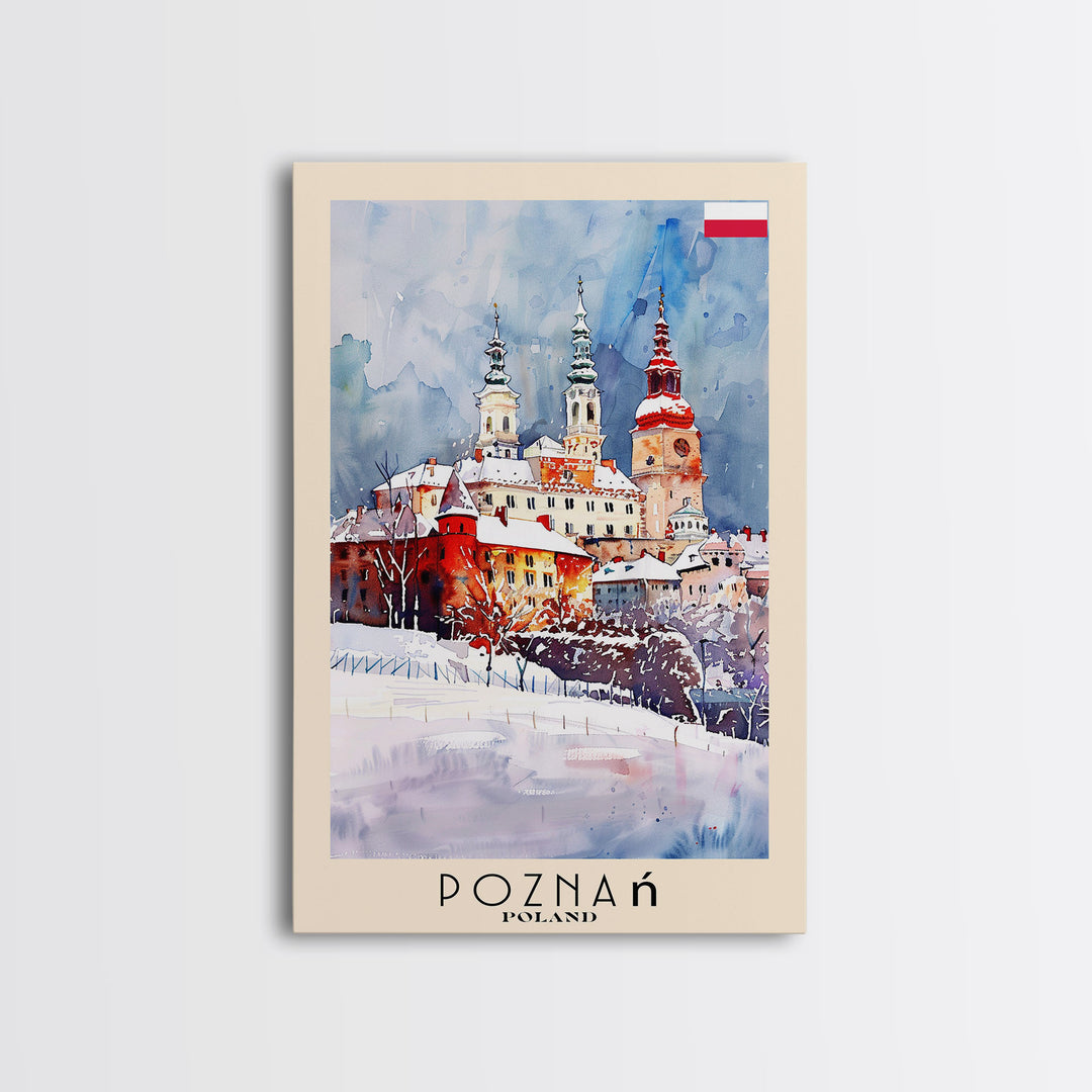 Poznan Poland Travel Poster Framed Canvas Print, Watercolor Painting, Scenic Wall Art, Home Decor, Polish Cityscape, Modern Art