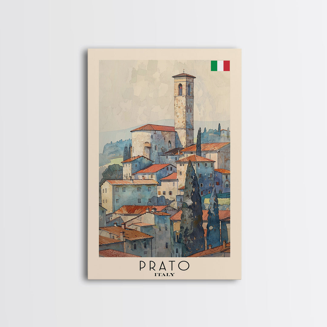 Prato Italy Travel Poster Framed Canvas Print, Watercolor Painting, Scenic Wall Art, Home Decor, Italian Landscape, Vibrant Art