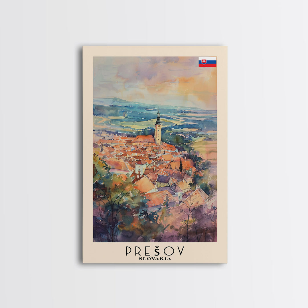 Presov Slovakia Travel Poster Framed Canvas Print, Watercolor Painting, Scenic Wall Art, Home Decor, Slovakian Cityscape, Artistic Decor