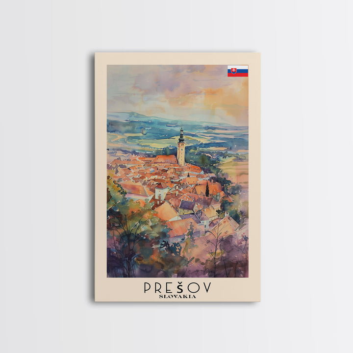 Presov Slovakia Travel Poster Framed Canvas Print, Watercolor Painting, Scenic Wall Art, Home Decor, Slovakian Cityscape, Artistic Decor