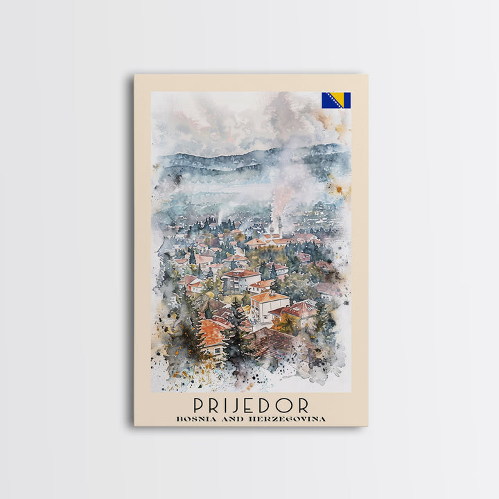 Prijedor Bosnia and Herzegovina Travel Poster Framed Canvas Print, Watercolor Painting, Scenic Wall Art, Home Decor, Bosnian Cityscape, Classic Art