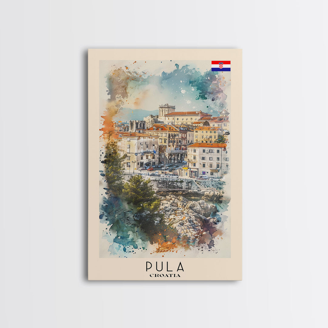 Pula Croatia Travel Poster Framed Canvas Print, Watercolor Painting, Coastal Wall Art, Home Decor, Croatian Seaside, Vibrant Decor