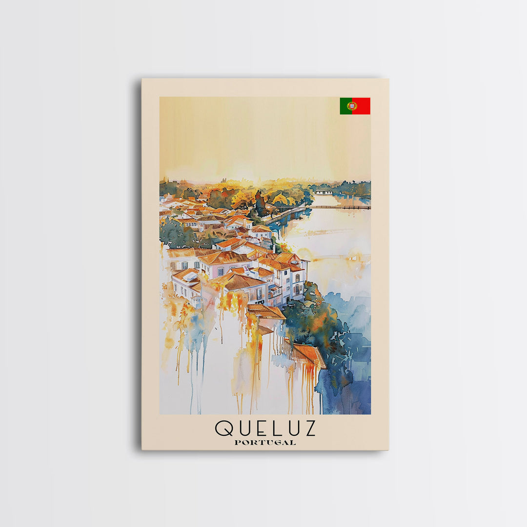 Queluz Portugal Travel Poster Framed Canvas Print, Watercolor Painting, Scenic Wall Art, Home Decor, Portuguese Landscape, Artistic Art