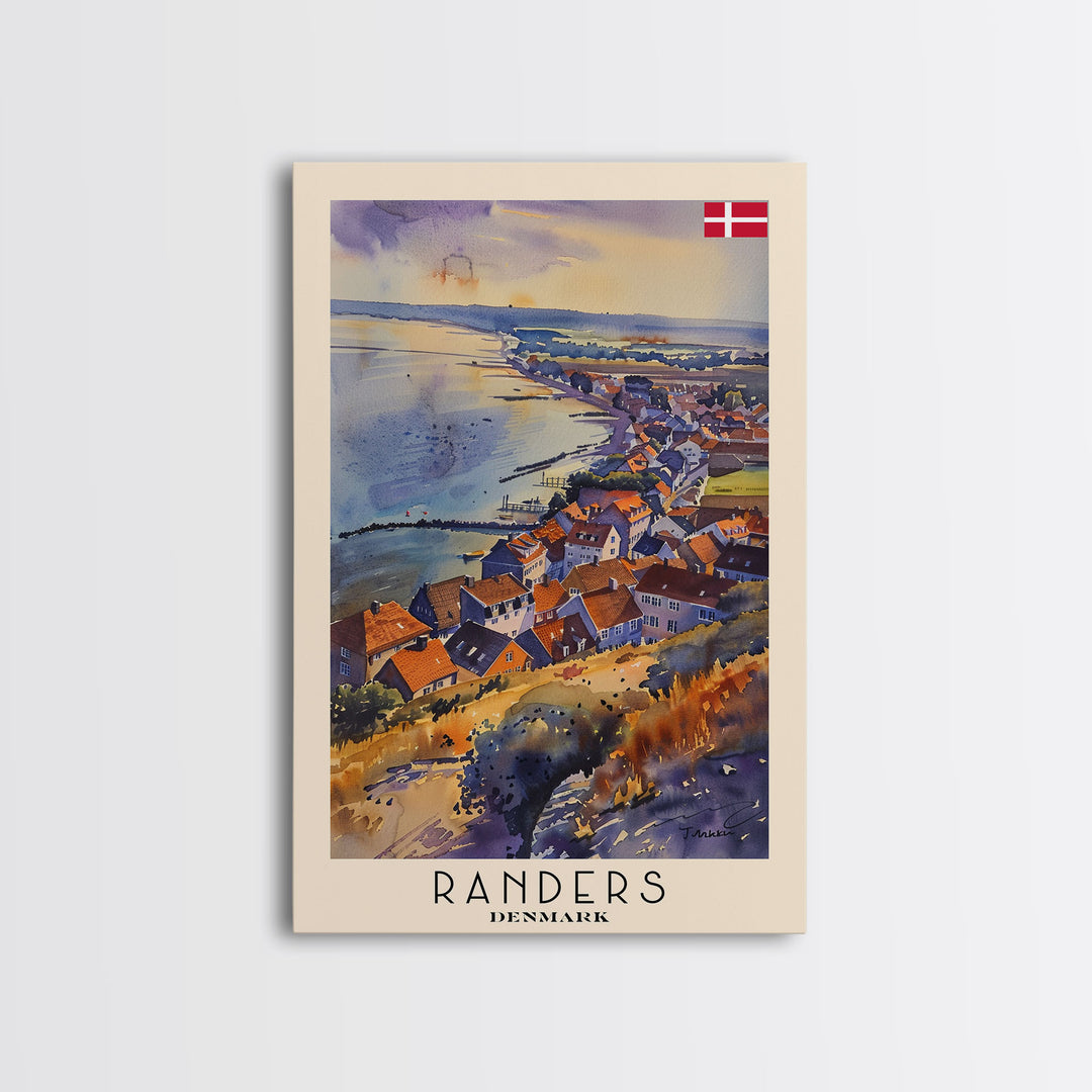 Randers Denmark Travel Poster Framed Canvas Print, Watercolor Painting, Scenic Wall Art, Home Decor, Danish Landscape, Classic Art