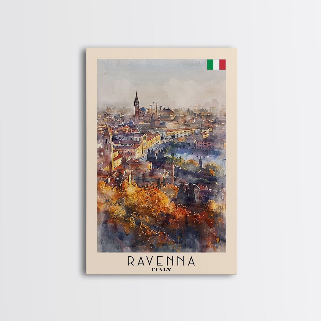 Ravenna Italy Travel Poster Framed Canvas Print, Watercolor Painting, Scenic Wall Art, Home Decor, Italian Cityscape, Historic Art
