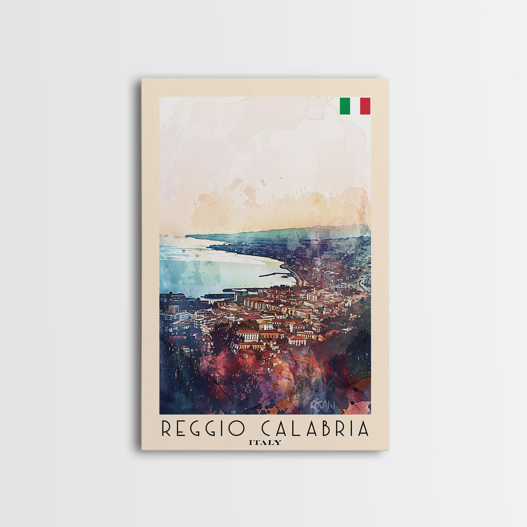 Reggio Calabria Italy Travel Poster Framed Canvas Print, Watercolor Painting, Coastal Wall Art, Home Decor, Italian Seaside, Vibrant Decor