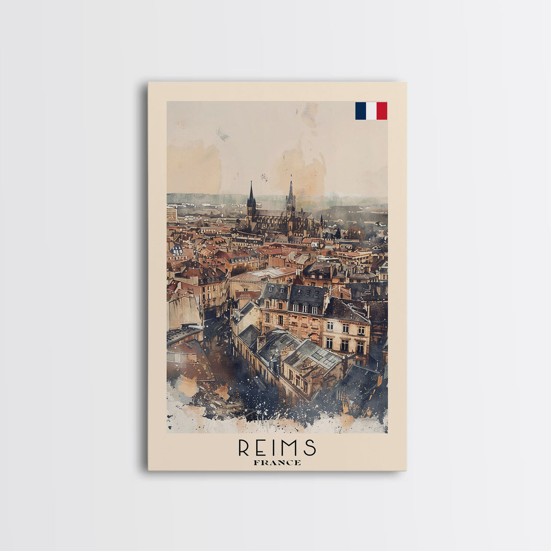 Reims France Travel Poster Framed Canvas Print, Watercolor Painting, Historic Wall Art, Home Decor, French Architecture, Classic Art