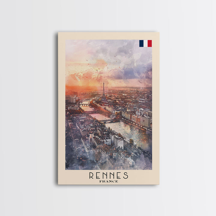 Rennes France Travel Poster Framed Canvas Print, Watercolor Painting, Scenic Wall Art, Home Decor, French Cityscape, Modern Decor