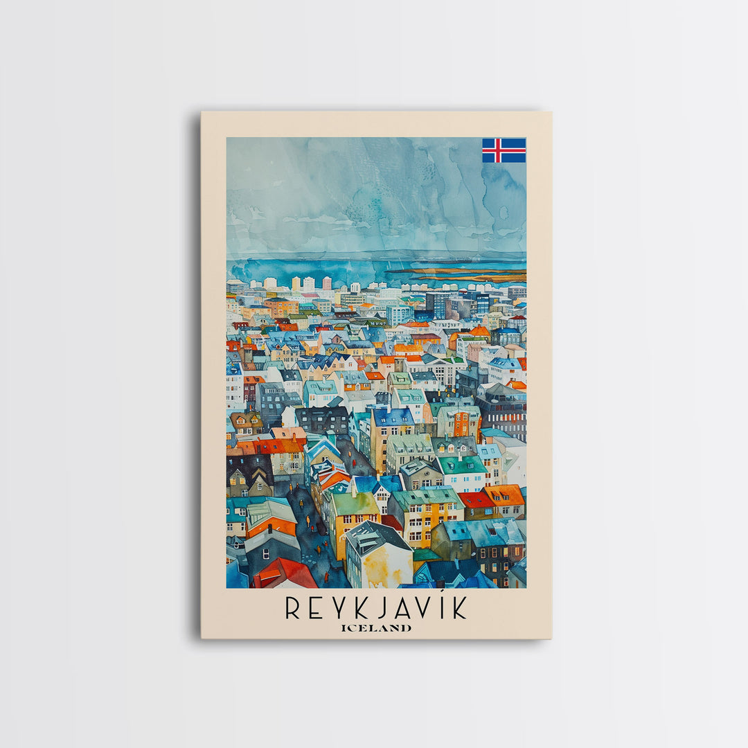 Reykjavik Iceland Travel Poster Framed Canvas Print, Watercolor Painting, Scenic Wall Art, Home Decor, Icelandic Landscape, Artistic Decor
