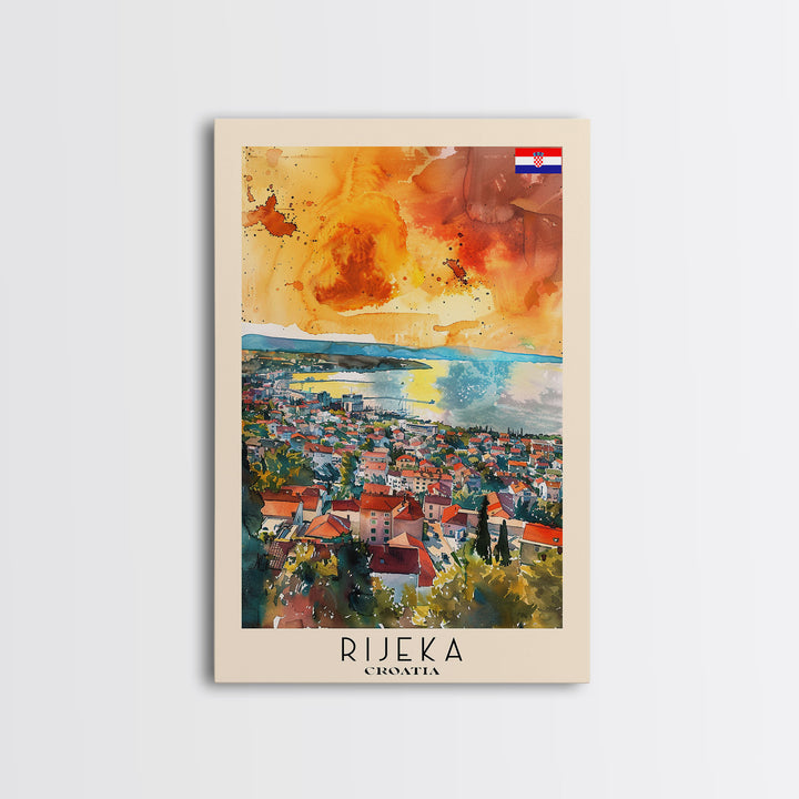 Rijeka Croatia Travel Poster Framed Canvas Print, Watercolor Painting, Coastal Wall Art, Home Decor, Croatian Seaside, Modern Art