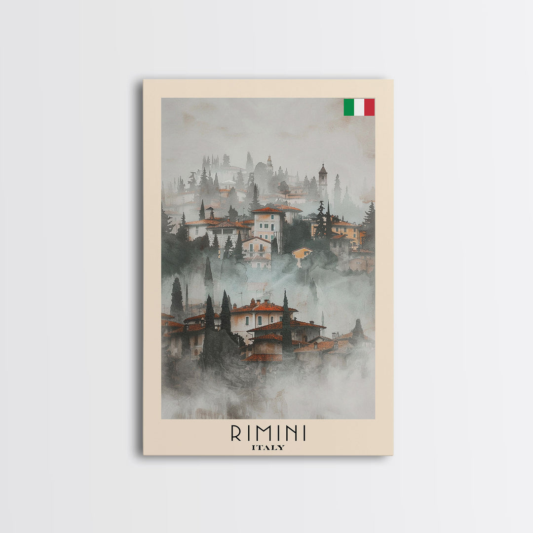 Rimini Italy Travel Poster Framed Canvas Print, Watercolor Painting, Coastal Wall Art, Home Decor, Italian Beach Scene, Vibrant Art
