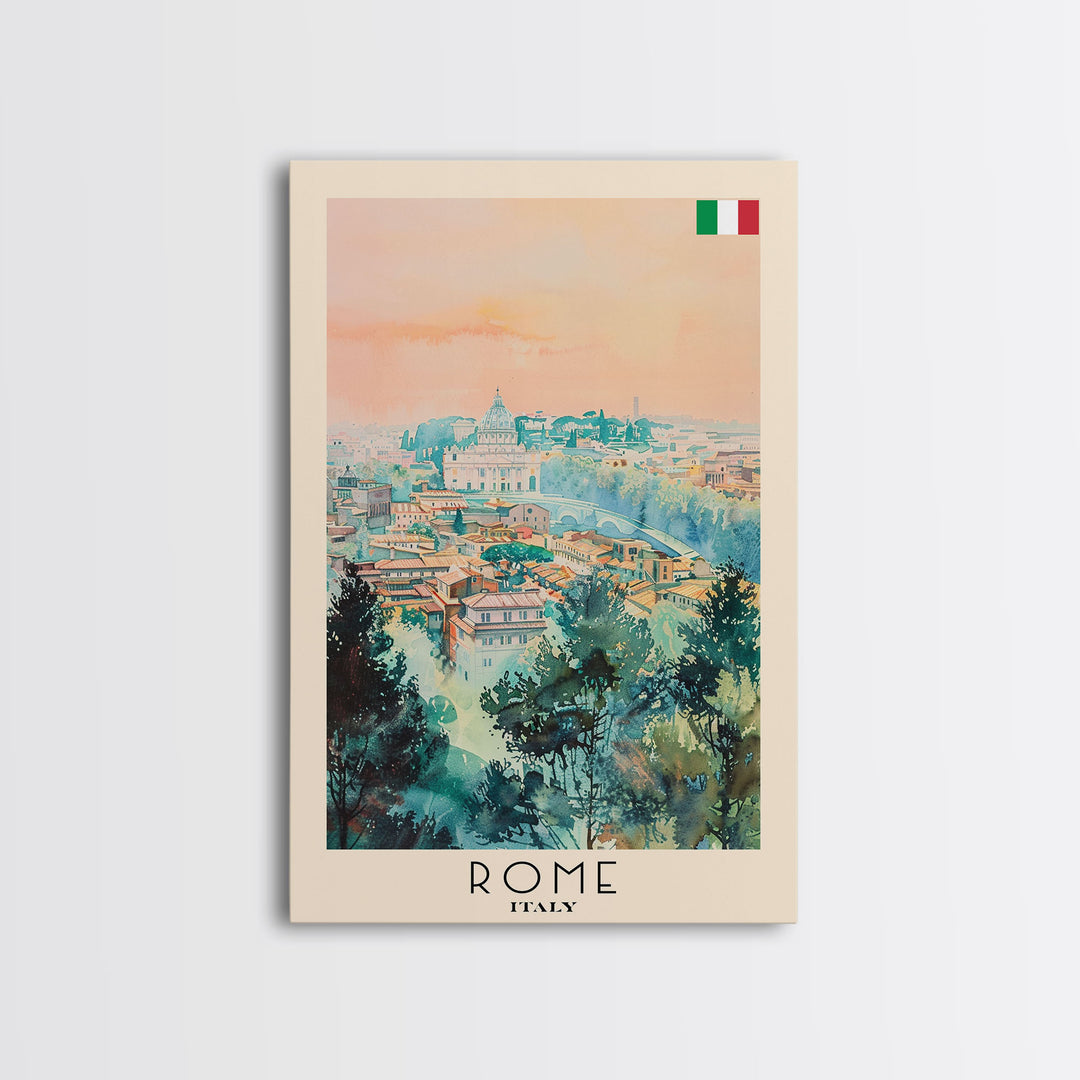 Rome Italy Travel Poster Framed Canvas Print, Watercolor Painting, Historic Wall Art, Home Decor, Italian Cityscape, Classic Art