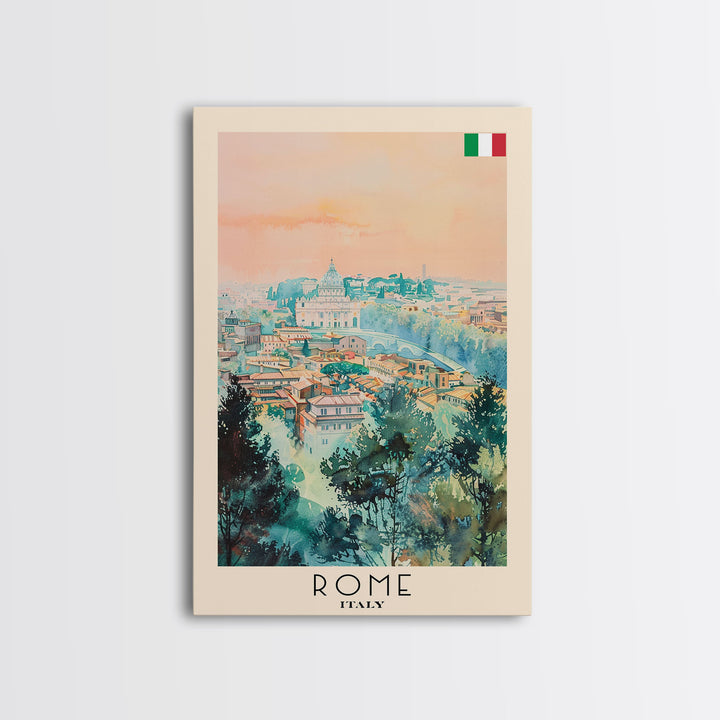 Rome Italy Travel Poster Framed Canvas Print, Watercolor Painting, Historic Wall Art, Home Decor, Italian Cityscape, Classic Art
