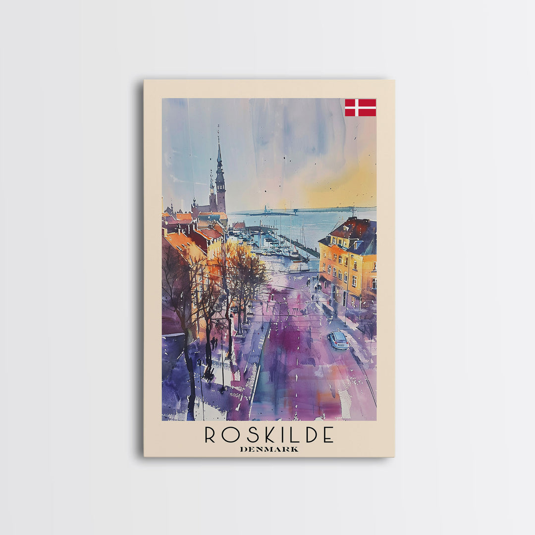 Roskilde Denmark Travel Poster Framed Canvas Print, Watercolor Painting, Scenic Wall Art, Home Decor, Danish Landscape, Modern Decor
