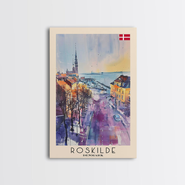 Roskilde Denmark Travel Poster Framed Canvas Print, Watercolor Painting, Scenic Wall Art, Home Decor, Danish Landscape, Modern Decor