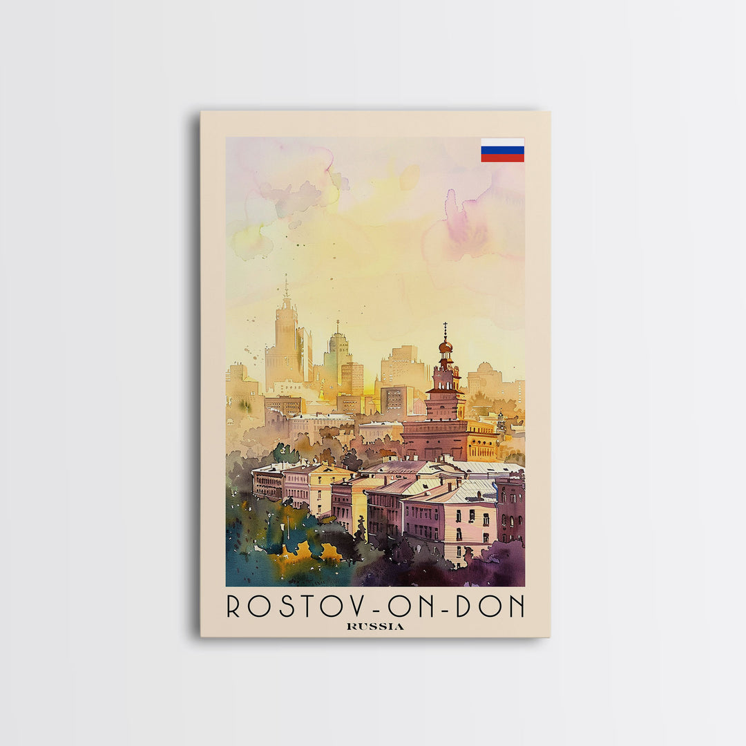 Rostov-on-Don Russia Travel Poster Framed Canvas Print, Watercolor Painting, Urban Wall Art, Home Decor, Russian Cityscape, Vibrant Art