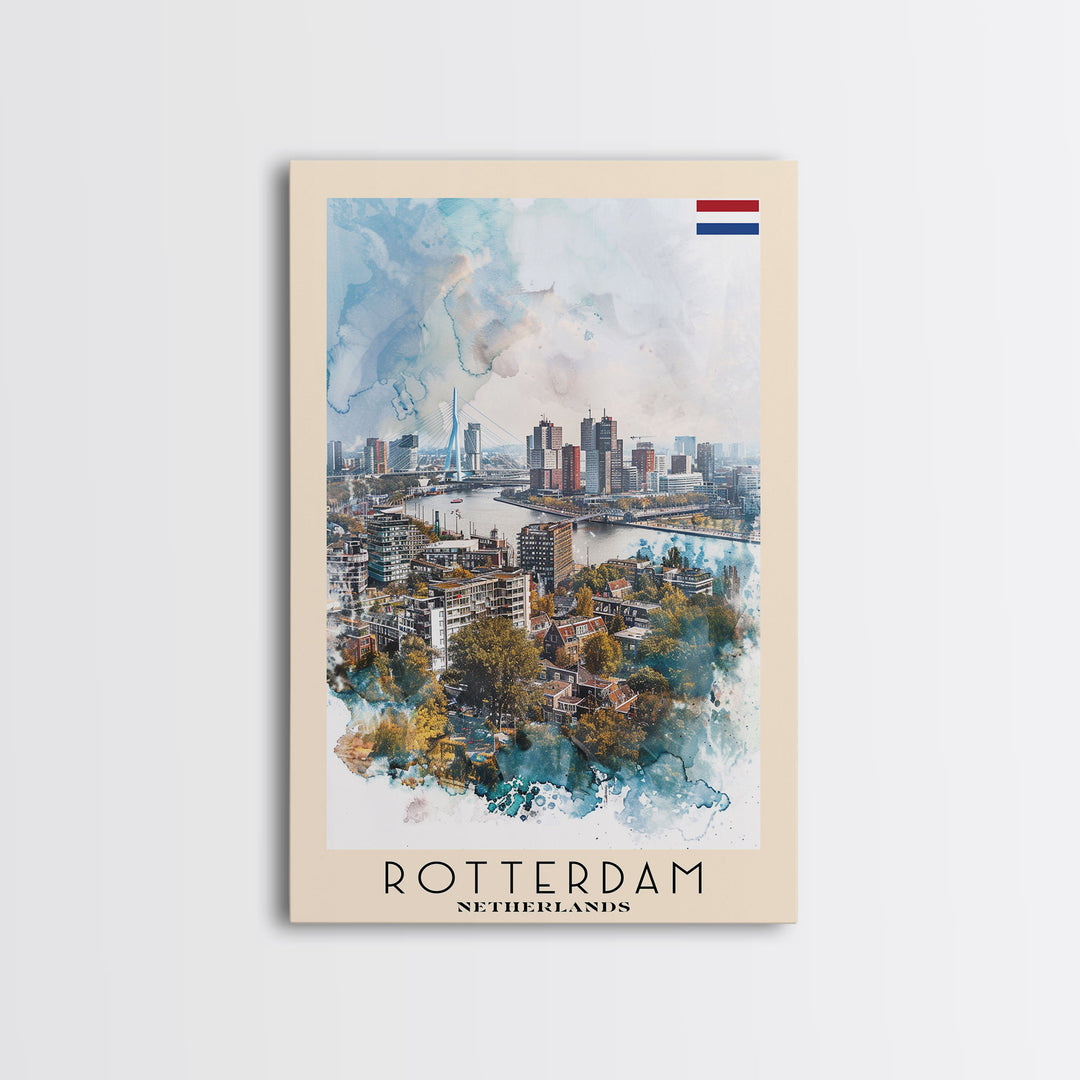 Rotterdam Netherlands Travel Poster Framed Canvas Print, Watercolor Painting, Urban Wall Art, Home Decor, Dutch Cityscape, Artistic Decor