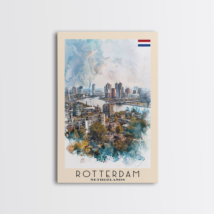 Rotterdam Netherlands Travel Poster Framed Canvas Print, Watercolor Painting, Urban Wall Art, Home Decor, Dutch Cityscape, Artistic Decor