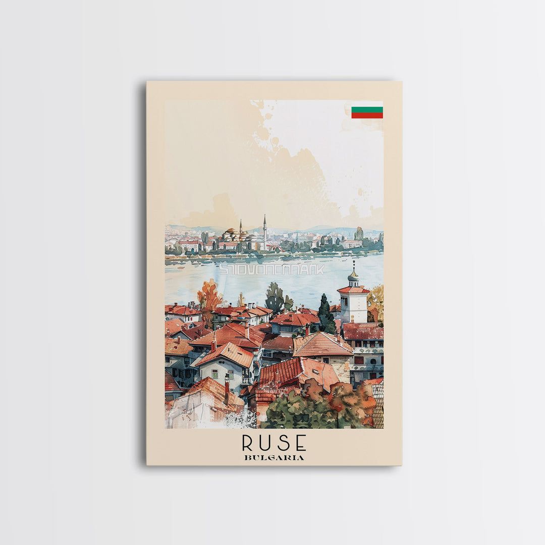 Ruse Bulgaria Travel Poster Framed Canvas Print, Watercolor Painting, Scenic Wall Art, Home Decor, Bulgarian Landscape, Classic Art