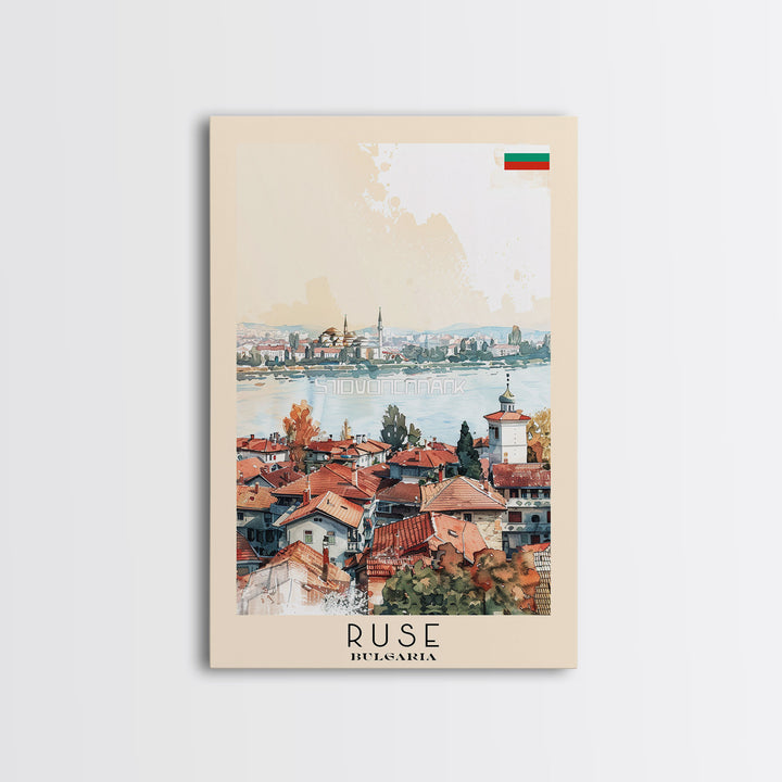 Ruse Bulgaria Travel Poster Framed Canvas Print, Watercolor Painting, Scenic Wall Art, Home Decor, Bulgarian Landscape, Classic Art