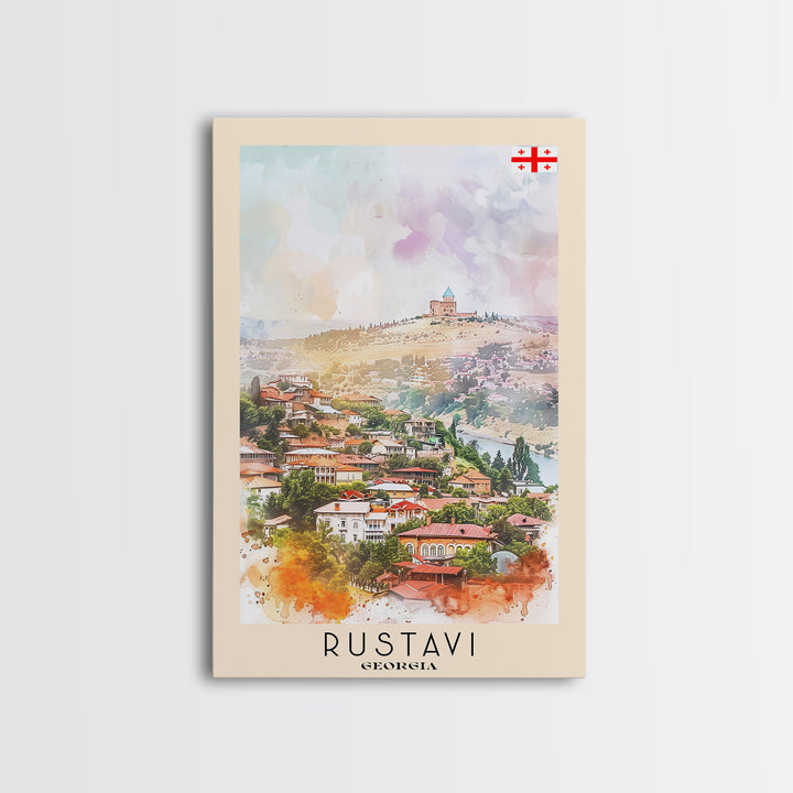 Rustavi Georgia Travel Poster Framed Canvas Print, Watercolor Painting, Scenic Wall Art, Home Decor, Georgian Landscape, Vibrant Decor