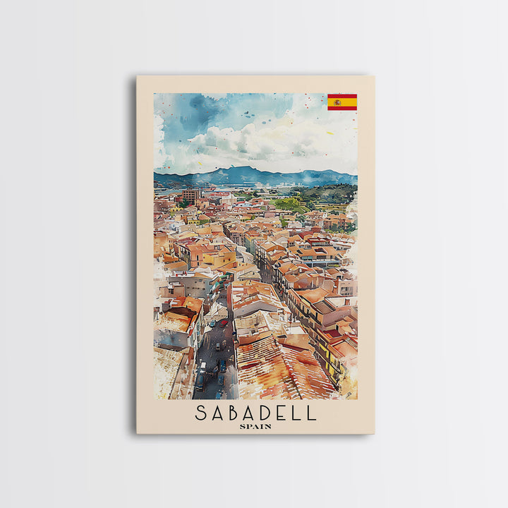 Sabadell Spain Travel Poster Framed Canvas Print, Watercolor Painting, Scenic Wall Art, Home Decor, Spanish Landscape, Artistic Art
