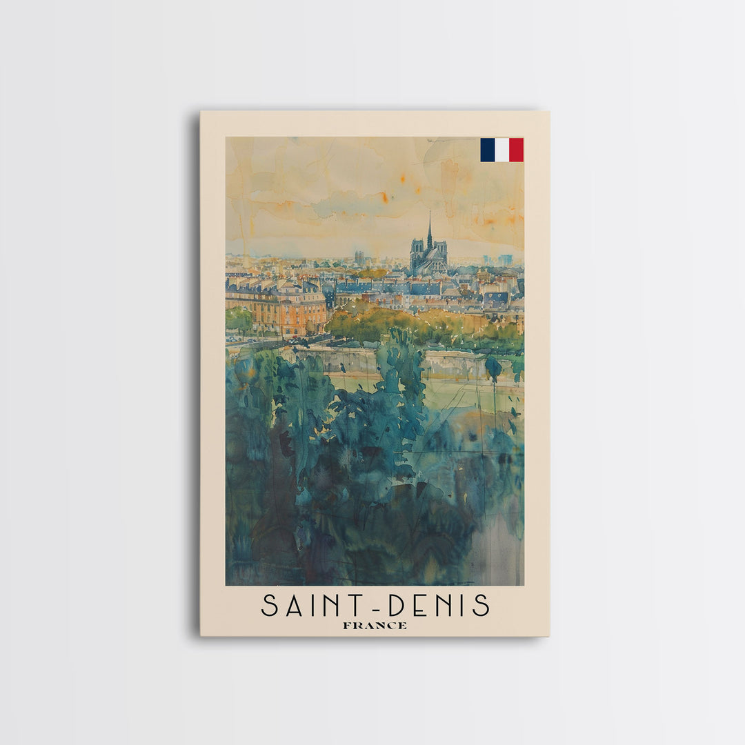 Saint Denis France Travel Poster Framed Canvas Print, Watercolor Painting, Historic Wall Art, Home Decor, French Cityscape, Vibrant Art