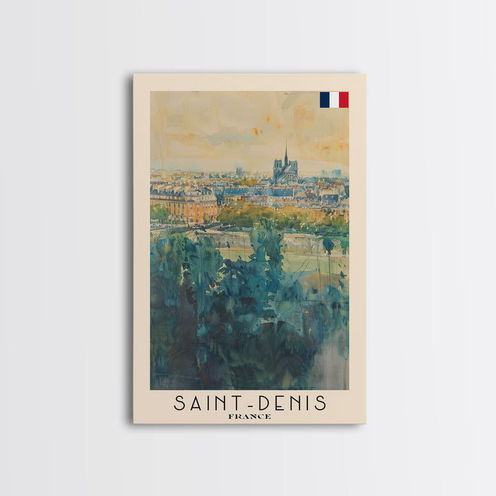 Saint Denis France Travel Poster Framed Canvas Print, Watercolor Painting, Historic Wall Art, Home Decor, French Cityscape, Vibrant Art