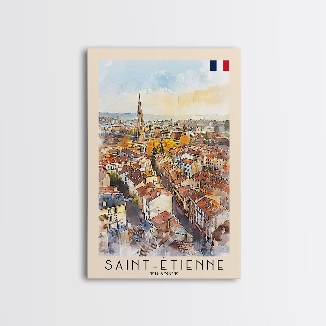 Saint Etienne France Travel Poster Framed Canvas Print, Watercolor Painting, Scenic Wall Art, Home Decor, French Cityscape, Classic Art