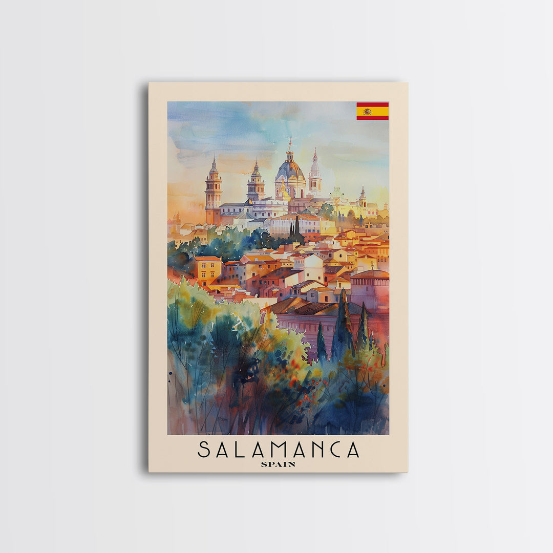 Salamanca Spain Travel Poster Framed Canvas Print, Watercolor Painting, Scenic Wall Art, Home Decor, Spanish Cityscape, Artistic Decor