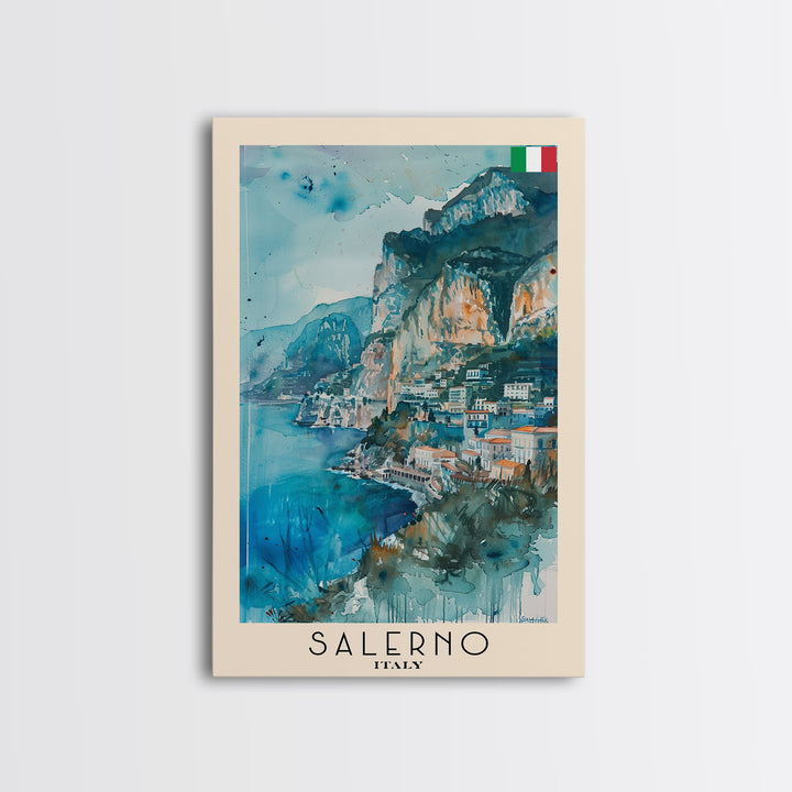 Salerno Italy Travel Poster Framed Canvas Print, Watercolor Painting, Coastal Wall Art, Home Decor, Italian Seaside, Modern Art