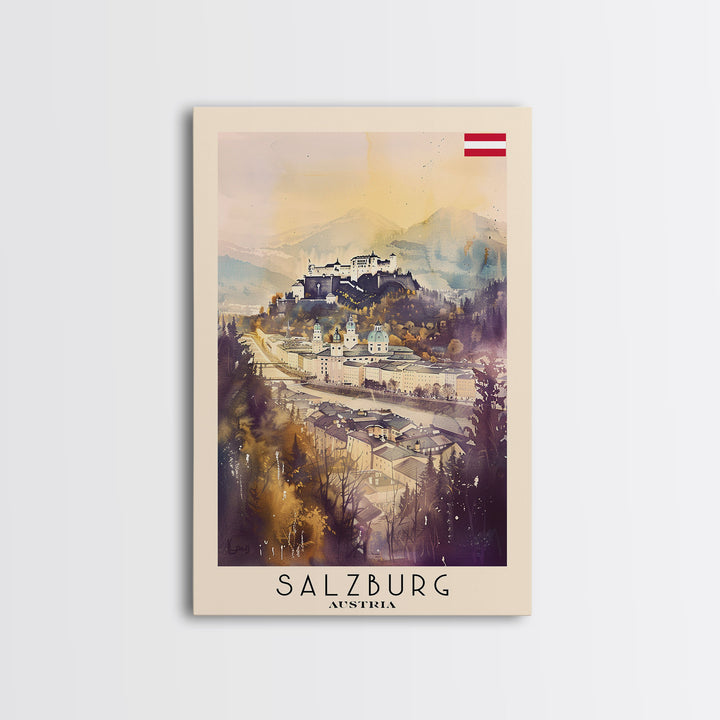 Salzburg Austria Travel Poster Framed Canvas Print, Watercolor Painting, Historic Wall Art, Home Decor, Austrian Architecture, Classic Decor
