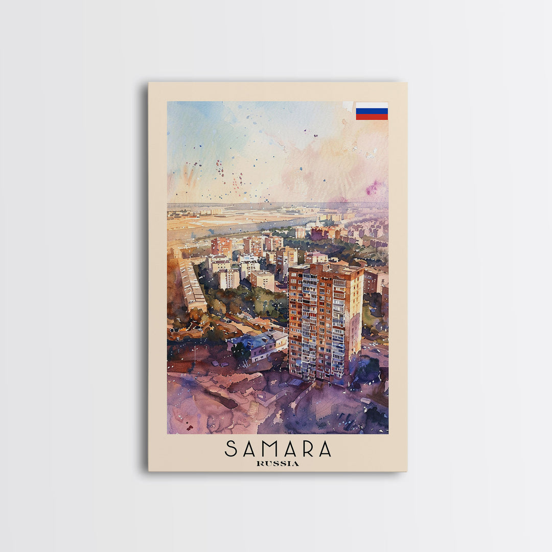 Samara Russia Travel Poster Framed Canvas Print, Watercolor Painting, Scenic Wall Art, Home Decor, Russian Landscape, Vibrant Decor