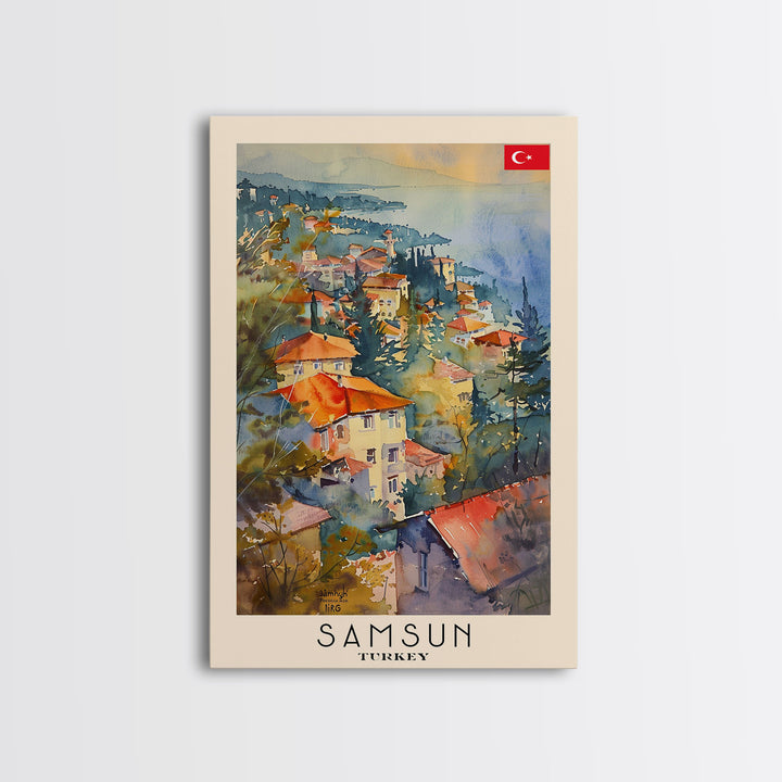 Samsun Turkey Travel Poster Framed Canvas Print, Watercolor Painting, Coastal Wall Art, Home Decor, Turkish Seaside, Modern Decor