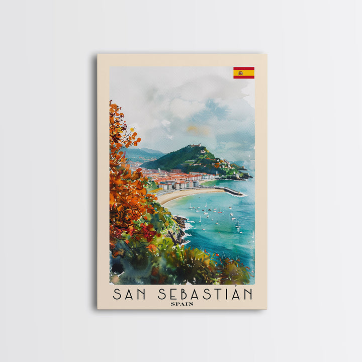 San Sebastian Spain Travel Poster Framed Canvas Print, Watercolor Painting, Coastal Wall Art, Home Decor, Spanish Seaside, Vibrant Art
