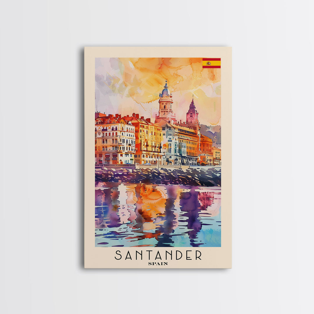 Santander Spain Travel Poster Framed Canvas Print, Watercolor Painting, Coastal Wall Art, Home Decor, Spanish Seaside, Vibrant Art
