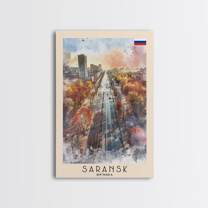 Saransk Russia Travel Poster Framed Canvas Print, Watercolor Painting, Urban Wall Art, Home Decor, Russian Cityscape, Modern Decor