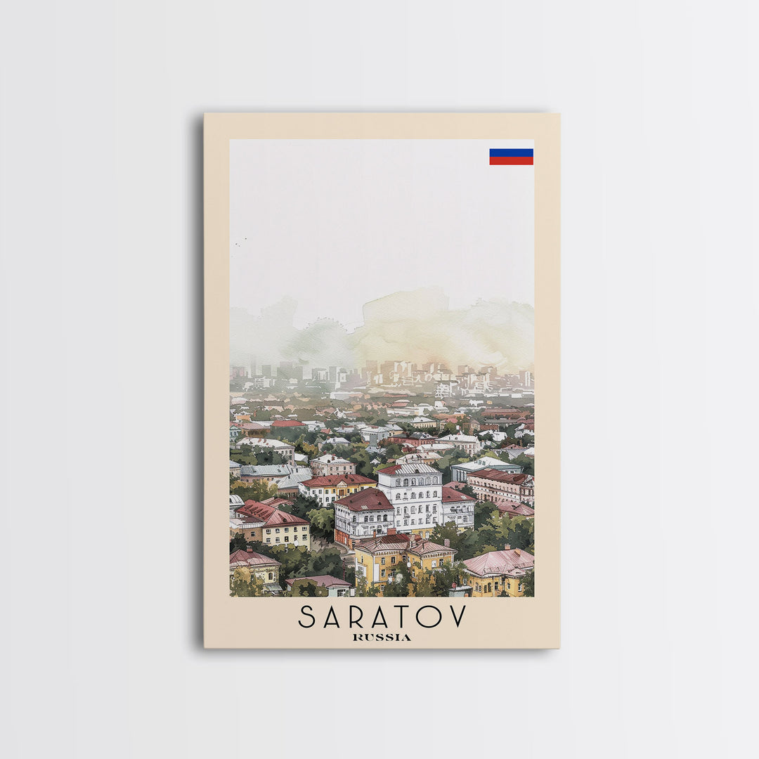 Saratov Russia Travel Poster Framed Canvas Print, Watercolor Painting, Scenic Wall Art, Home Decor, Russian Landscape, Vibrant Decor