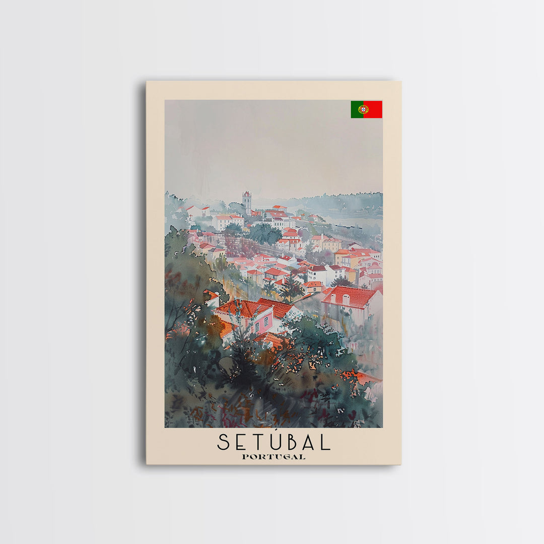 Setubal Portugal Travel Poster Framed Canvas Print, Watercolor Painting, Coastal Wall Art, Home Decor, Portuguese Seaside, Artistic Art