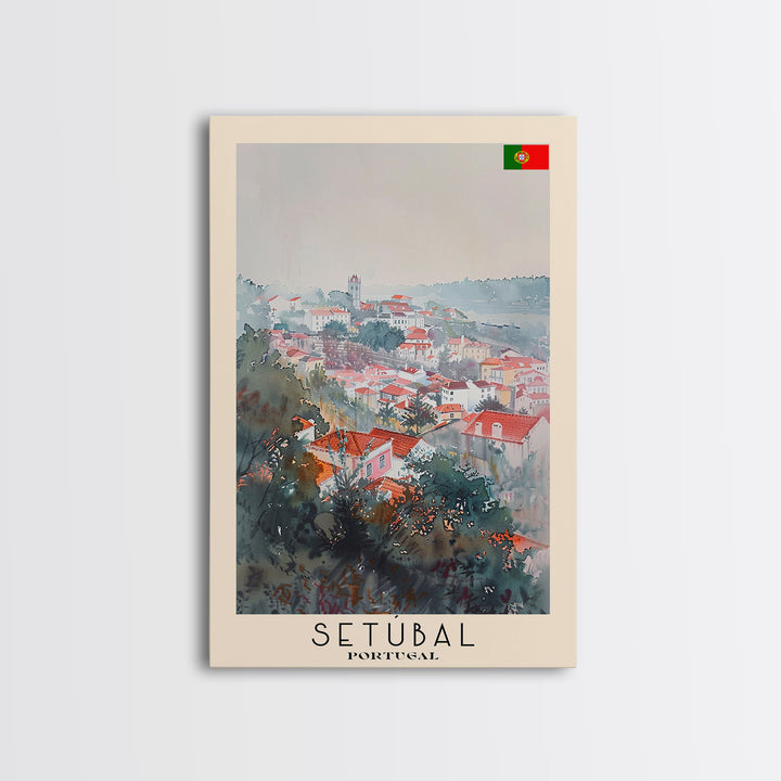 Setubal Portugal Travel Poster Framed Canvas Print, Watercolor Painting, Coastal Wall Art, Home Decor, Portuguese Seaside, Artistic Art