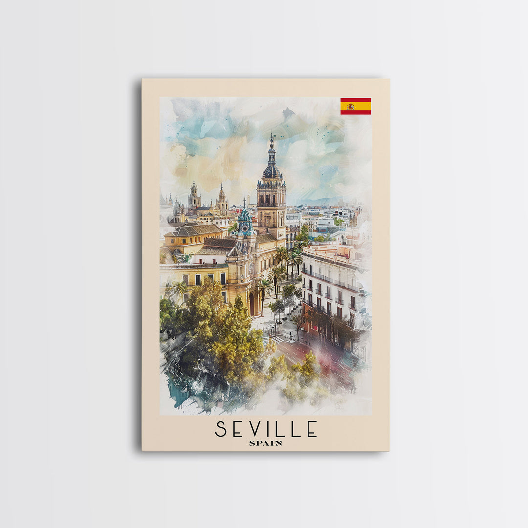 Seville Spain Travel Poster Framed Canvas Print, Watercolor Painting, Historic Wall Art, Home Decor, Spanish Architecture, Vibrant Decor