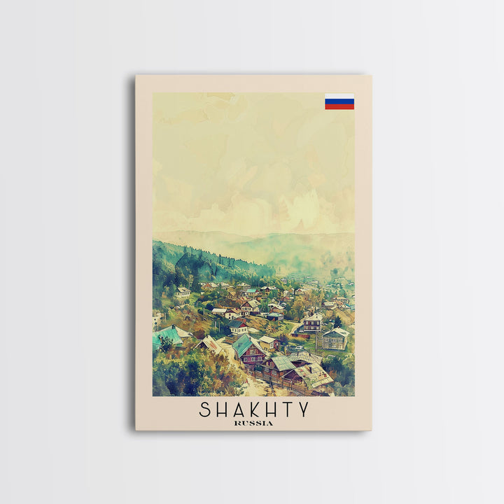 Shakhty Russia Travel Poster Framed Canvas Print, Watercolor Painting, Urban Wall Art, Home Decor, Russian Cityscape, Modern Art