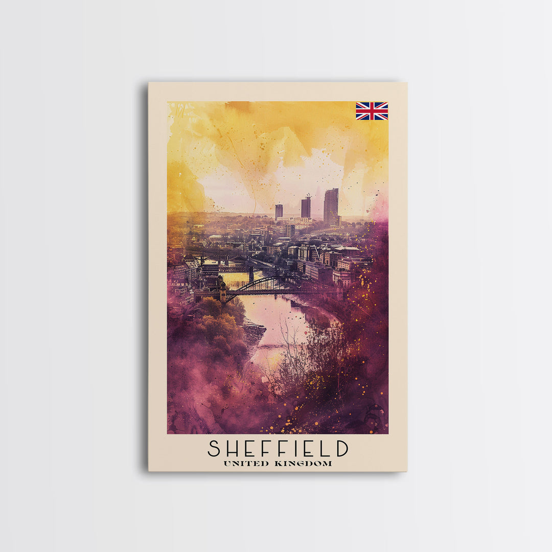 Sheffield United Kingdom Travel Poster Framed Canvas Print, Watercolor Painting, Urban Wall Art, Home Decor, British Cityscape, Artistic Decor