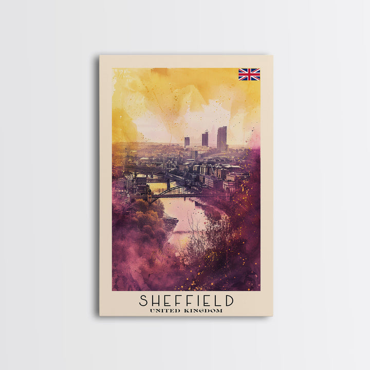 Sheffield United Kingdom Travel Poster Framed Canvas Print, Watercolor Painting, Urban Wall Art, Home Decor, British Cityscape, Artistic Decor