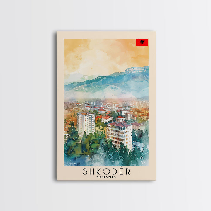 Shkoder Albania Travel Poster Framed Canvas Print, Watercolor Painting, Scenic Wall Art, Home Decor, Albanian Landscape, Classic Art